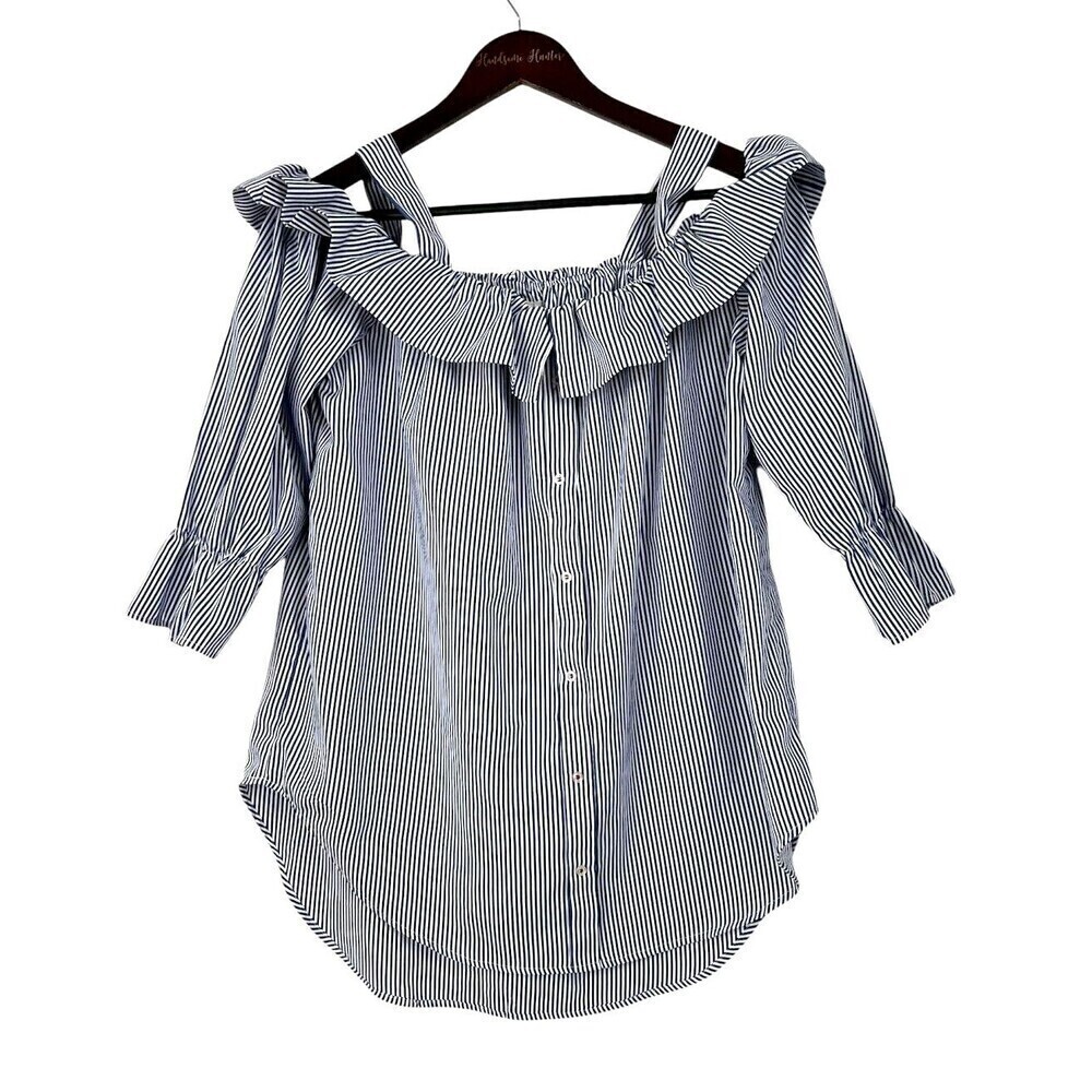 Janet Chung Womens Size L  Blouse Blue White‎ Striped Off Shoulder Ruffle Top H2